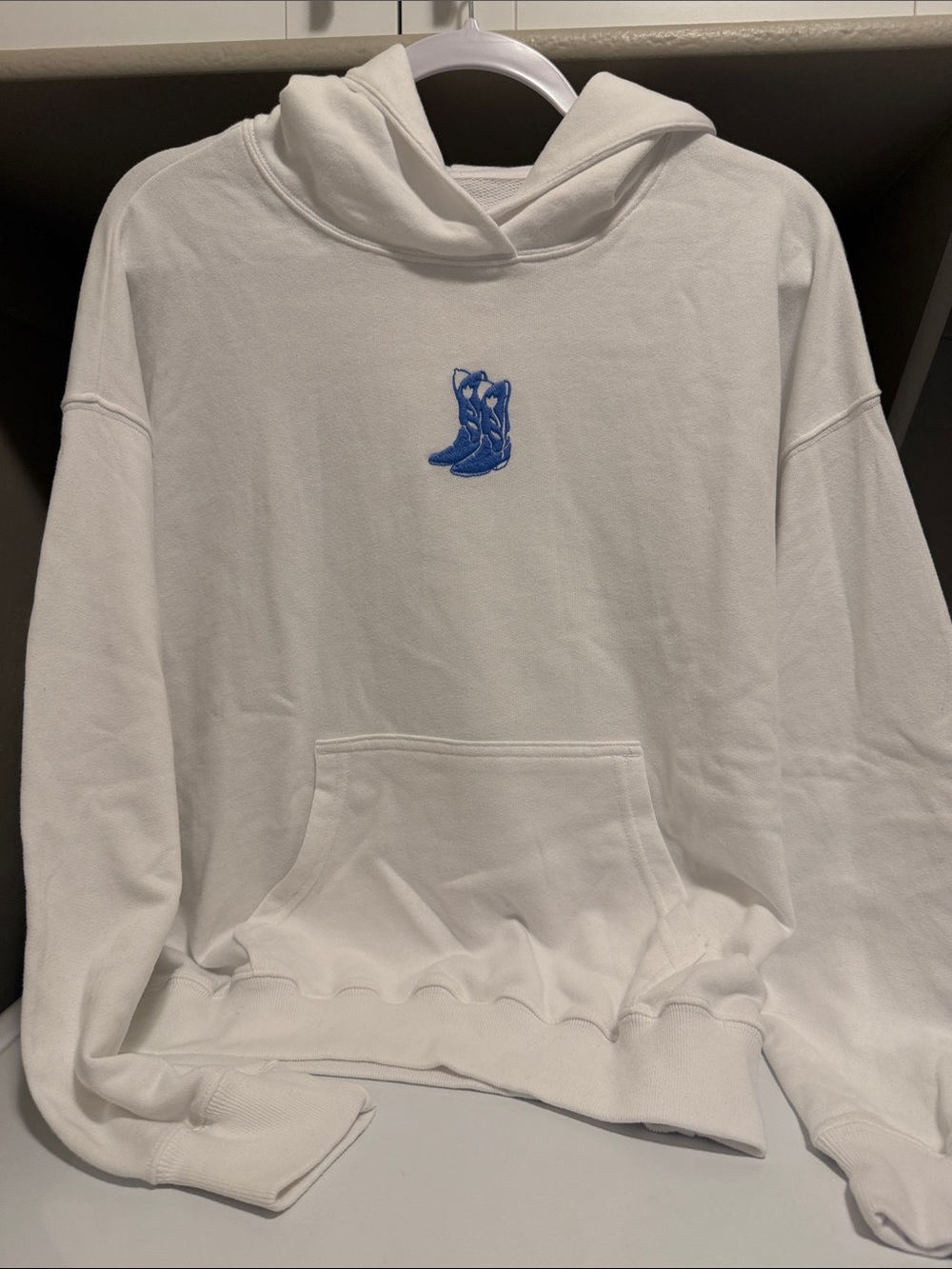 Hollister White Hoodie with Blue Boot Embroidery